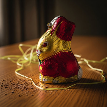 Chocolate Easter bunny with red and yellow ribbon on wooden background.の素材