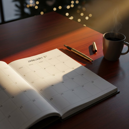 Calendar with pen and cup of coffee on a wooden table.の素材