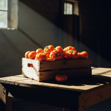 Tomatoes in a wooden box on a wooden table in an old barnの素材