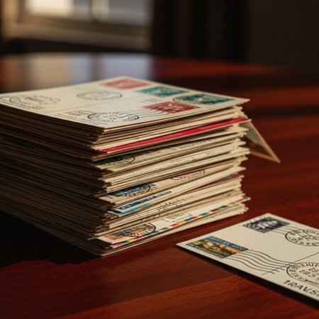 Stack of old postage stamps on the table.の素材