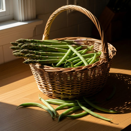 Basket with green asparagus and garlic on the windowsillの素材