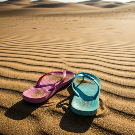 Flip flops on the sand in the desert. Selective focus.の素材