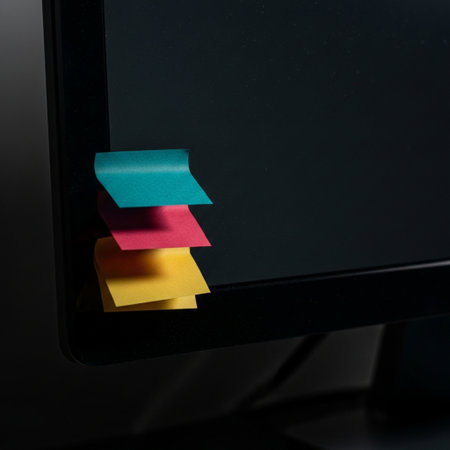 Colorful sticky notes on a black computer monitor, close-upの素材