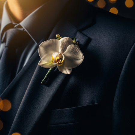 Closeup of a boutonniere on the neck of a manの素材
