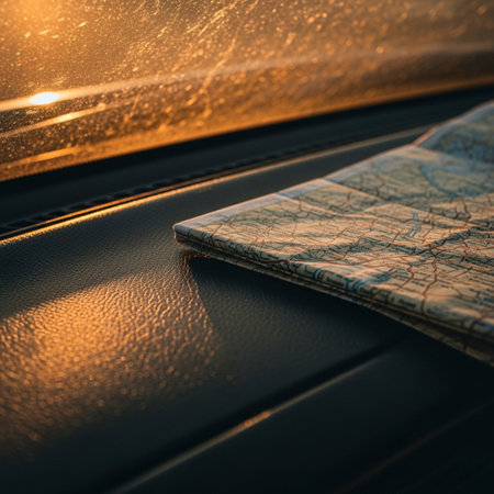 Close up of a map on a car dashboard. Selective focus.の素材