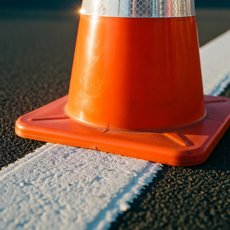 Traffic cone on the asphalt road. Close-up photo.の素材