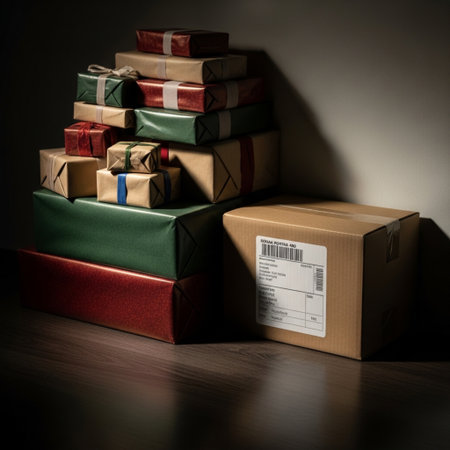 Boxes with gifts on a dark background. Selective focus.の素材
