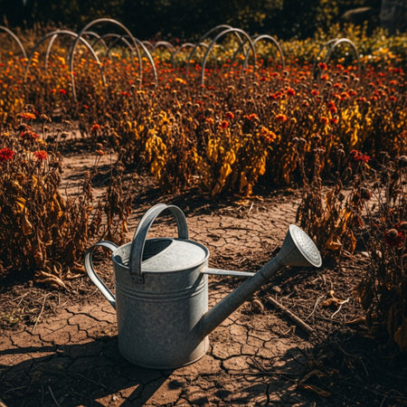 Watering can on the ground in the field with sunflowersの素材