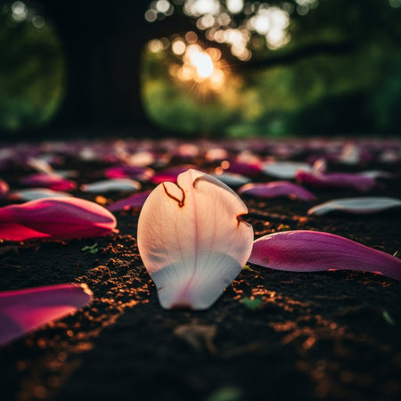 Beautiful petals of magnolia tree on the ground at sunsetの素材