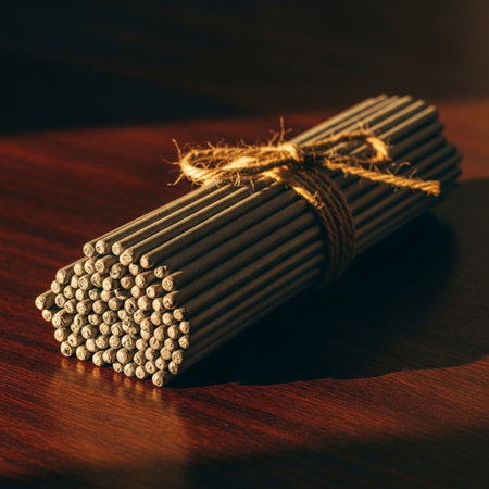 A bundle of chopsticks tied with a rope on a wooden tableの素材