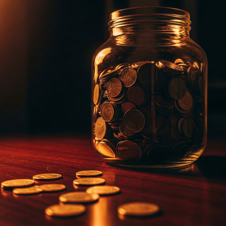 Coins in a glass jar on a dark background. Saving money concept.の素材