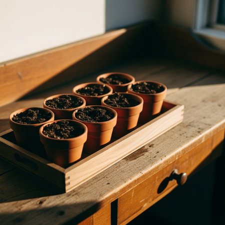 Small pots with soil on the windowsill. Selective focus.の素材