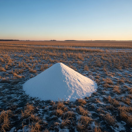 snowy field at sunrise in winter, with blue sky and cloudsの素材