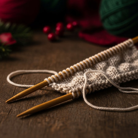 Knitting needles and thread on wooden background with Christmas tree and decorationsの素材