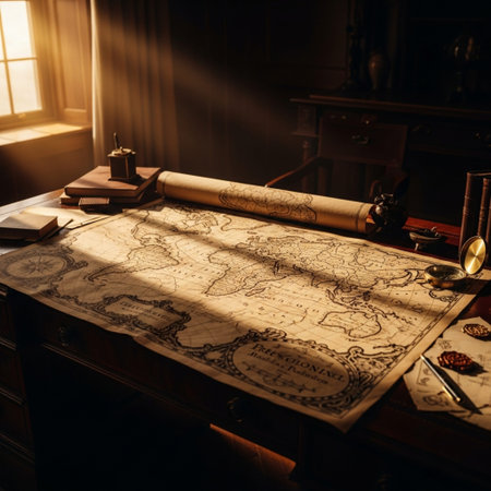 Ancient manuscript on a table in a dark room. Retro style.の素材
