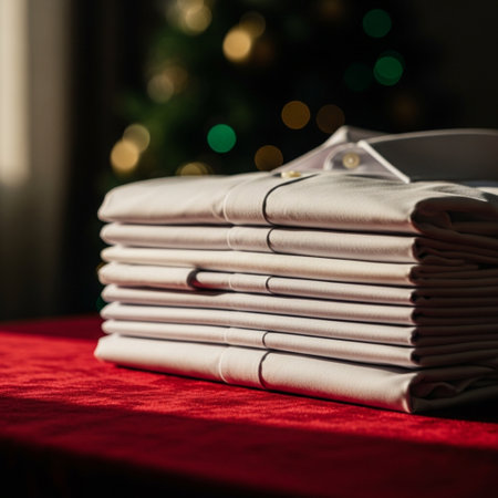 Stack of white folded clothes on red tablecloth with Christmas tree in backgroundの素材