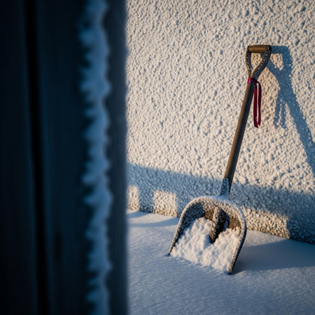 Snow shovel in front of a wooden door in a snowy winter landscapeの素材