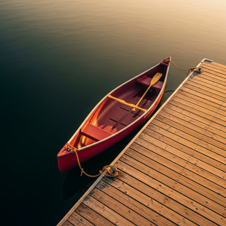 Wooden pier and rowing boat on the lake at sunset.の素材