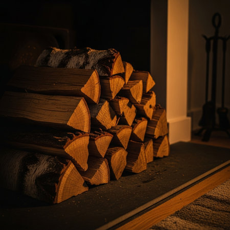 Fireplace with a stack of firewood. Selective focus.の素材