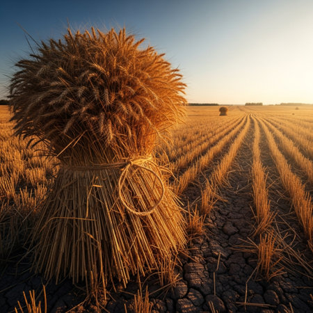 Ripe wheat on the field at sunset. Agricultural landscape. Ukraineの素材
