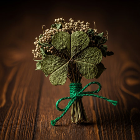 Bouquet of four-leaf clover on a wooden backgroundの素材