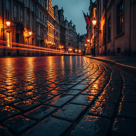Wroclaw, Poland. Old city street with cobblestone pavement at night.の素材