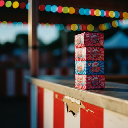 Red and white striped popcorn kiosk in Kuala Lumpur, Malaysia.の素材