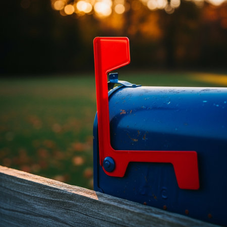 Blue mailbox on a wooden fence in the park at sunset. Close-up.の素材