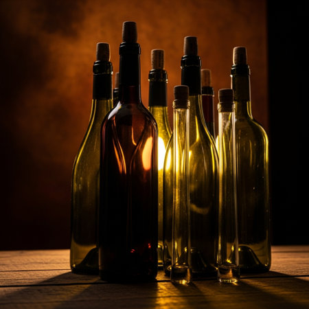 bottles of wine on a wooden table on a dark background.の素材