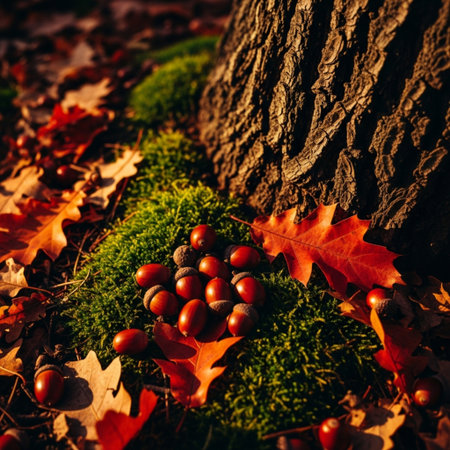 Autumn leaves and acorns on moss in forest. Fall backgroundの素材