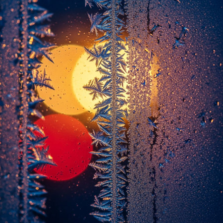 Frosty natural pattern on winter window at sunset. Beautiful winter backgroundの素材