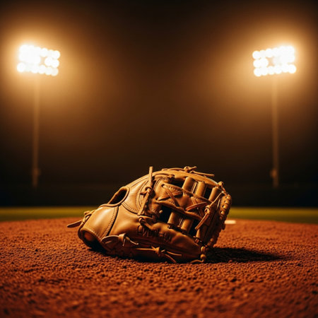 Baseball glove on the field at night with lights in the backgroundの素材