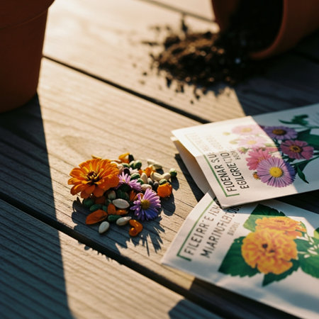 Gardening tools and flowers on wooden planks with sunbeamsの素材