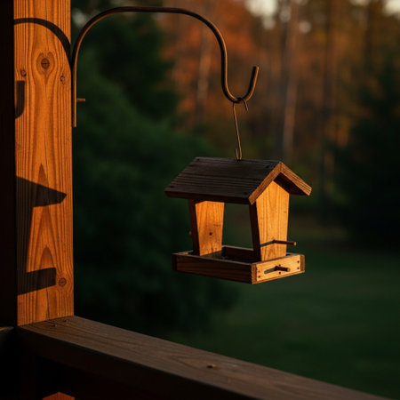 Bird feeder in a wooden house on the background of nature.の素材