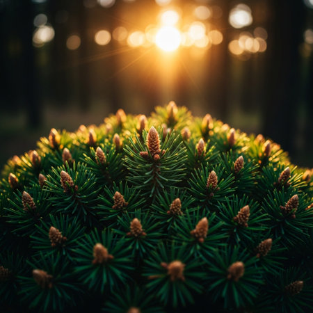 Pine tree in the forest at sunset. Pine needles on the background of the sunの素材