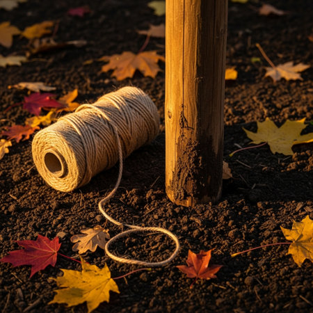 Rope tied to a wooden pole on the ground with autumn leavesの素材