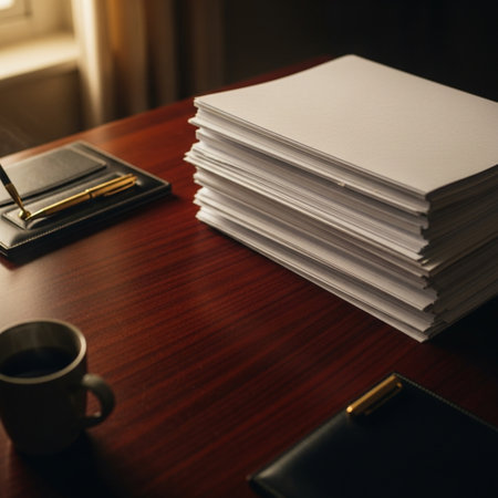 Close-up of stack of papers on wooden table with pen and coffee cupの素材