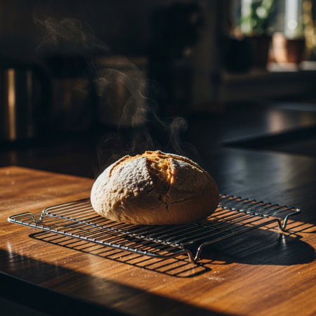 Homemade bread on a cooling rack in the kitchen. Selective focus.の素材
