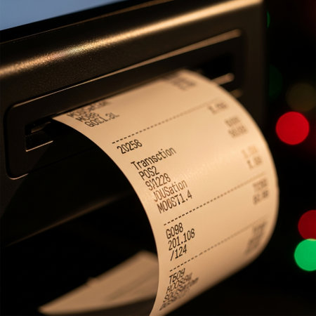 Close-up of a cash register with the printed receipt in the foregroundの素材