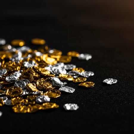 Gold nuggets on a black background. Selective focus. Shallow depth of field.の素材