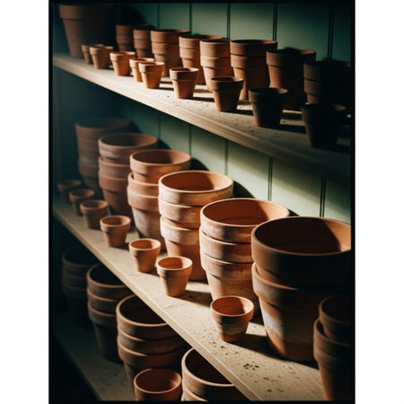 Clay pots on shelves in a pottery shop, stock photoの素材