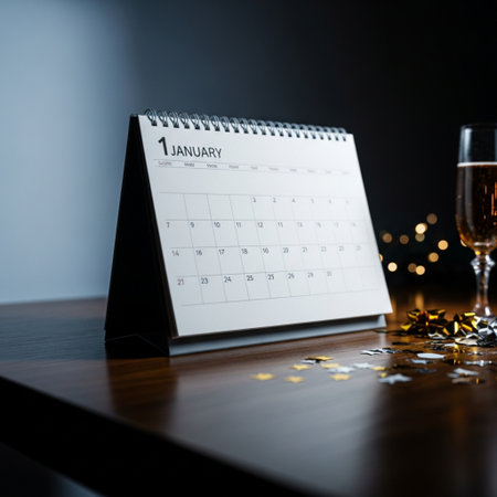 Christmas calendar and champagne on wooden table. Merry Christmas and Happy New Year conceptの素材
