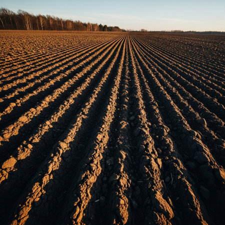 Agricultural field with tractor tracks in the rays of the setting sunの素材