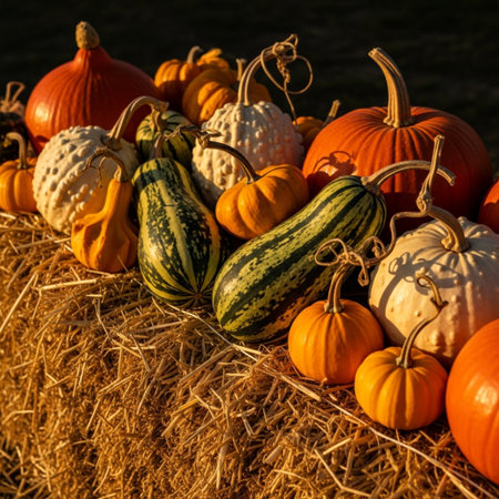 Pumpkin patch on sunny Autumn day. Colorful pumpkins background.の素材