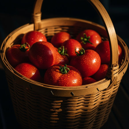 Ripe red tomatoes in a wicker basket on a dark backgroundの素材