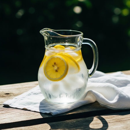 Lemonade in a jug on a wooden table in a gardenの素材