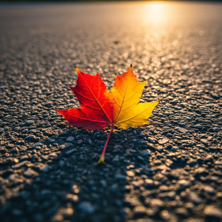 Maple leaf on asphalt road at sunset. Autumn season concept.の素材