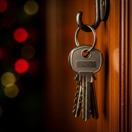 Key in a keychain on the background of the Christmas tree.の素材