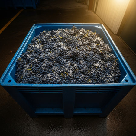 Bunch of black grapes in a blue plastic container on a factoryの素材