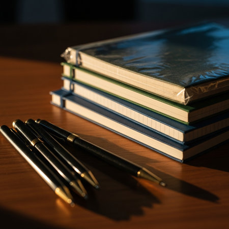 Pencils and notebooks on a wooden table. Selective focus.の素材